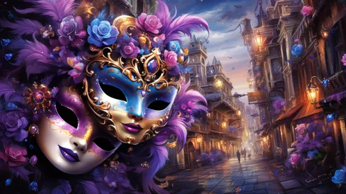 Venetian Carnival Masks in a Floral City Street