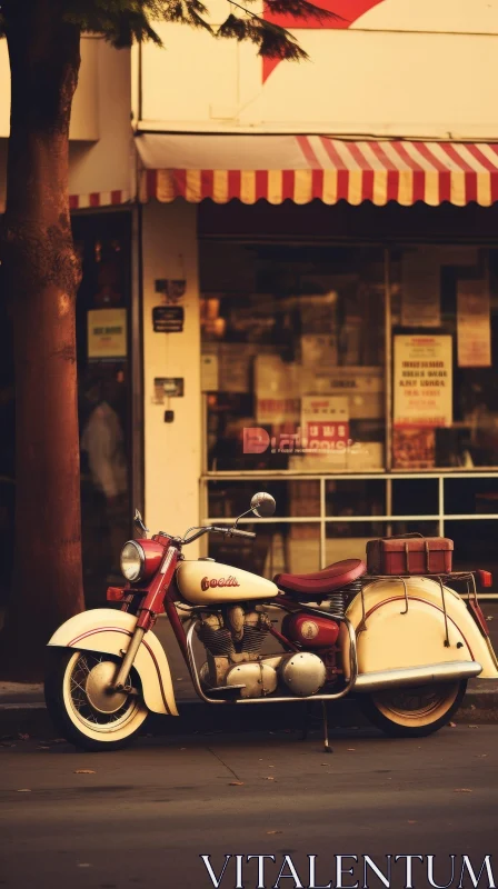 AI ART Vintage Motorcycle Parked in Front of Store