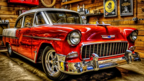 Vintage Red and White Chevrolet Bel Air Car in Rustic Garage