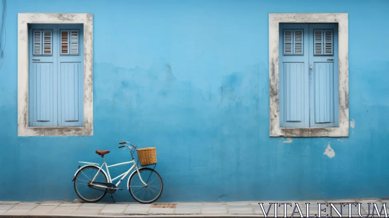 White Bicycle Parked in Front of Blue Wall AI Image