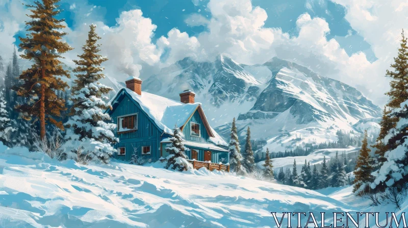 AI ART Winter Landscape with Blue House and Snowy Mountains