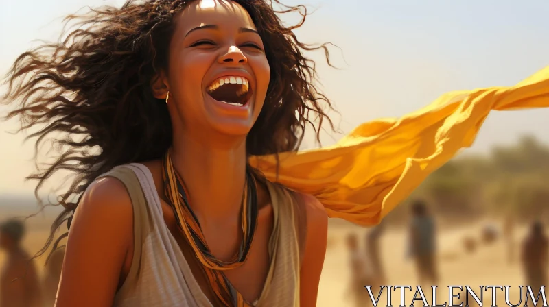 Young African Woman Smiling in Sunlit Field AI Image