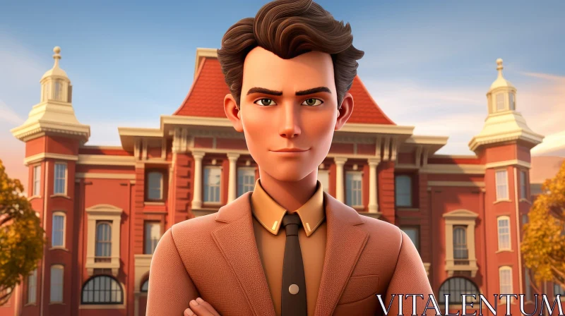 Young Man in Brown Suit Standing in Front of Red Brick Building AI Image