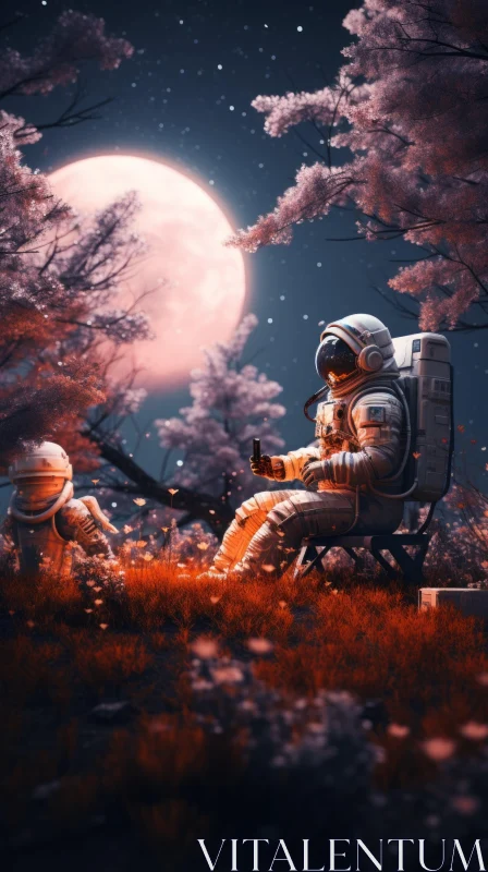 Astronauts in a Moonlit Forest: A Collision of Space and Nature AI Image