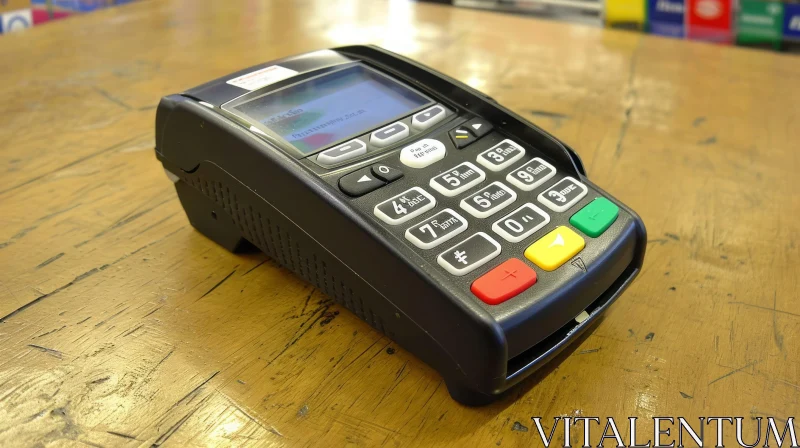 Black Electronic Payment Terminal on Wooden Table AI Image