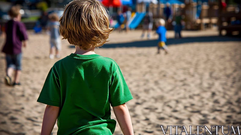 Boy in Green T-shirt Watching Children Play on Sandy Playground AI Image