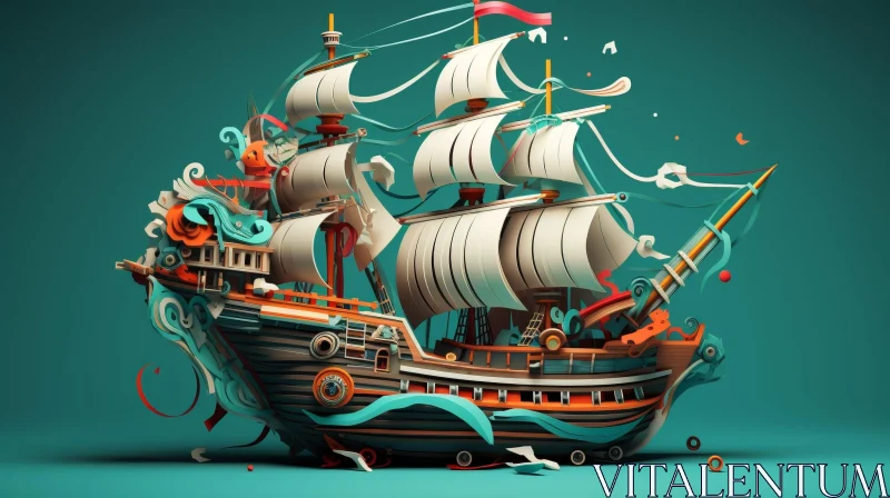 Brown Ship Illustration with Colorful Flags and Clouds AI Image