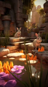 Charming Bunnies in a Mushroom-Filled, Immersive Environment