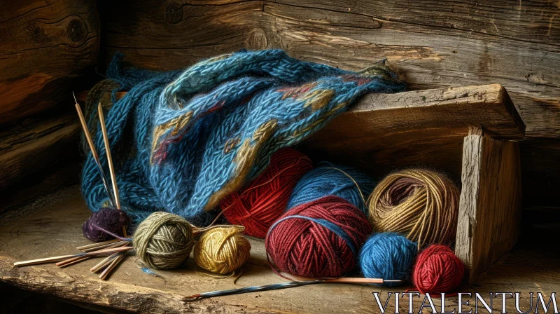 AI ART Cozy Still Life: Wooden Table with Blue Knitted Scarf and Yarn Balls