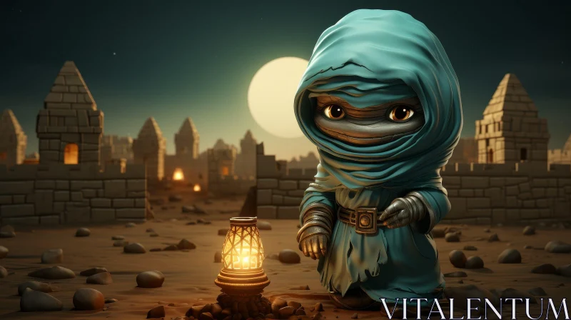 Cute Mummy Character in Desert Night AI Image