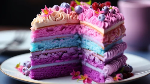 Delicious Cake with Blue, Purple, and Pink Layers