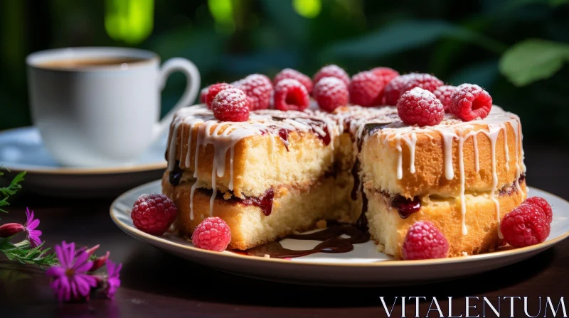 Delicious Raspberry Cake with Chocolate Sauce and Coffee AI Image