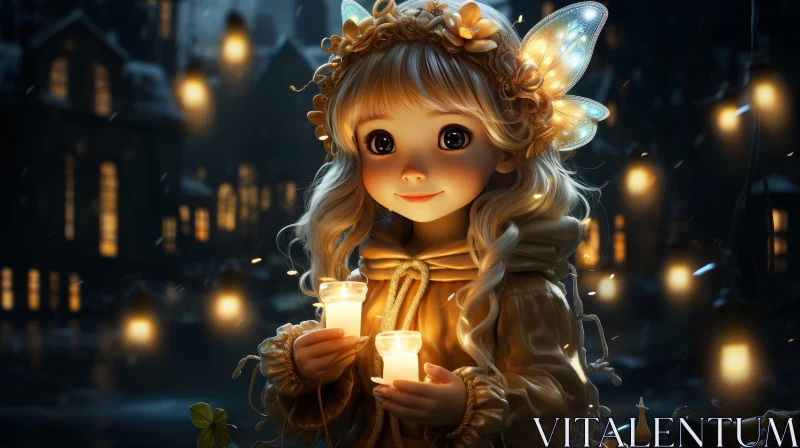 Enchanting Forest Scene with Young Girl and Candles AI Image