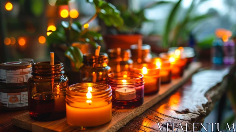 Enchanting Still Life: Lit Candles in Glass Jars on Wooden Table AI Image