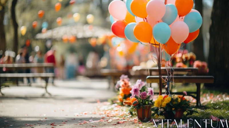 Festive Park Scene with Colorful Balloons and Flowers AI Image