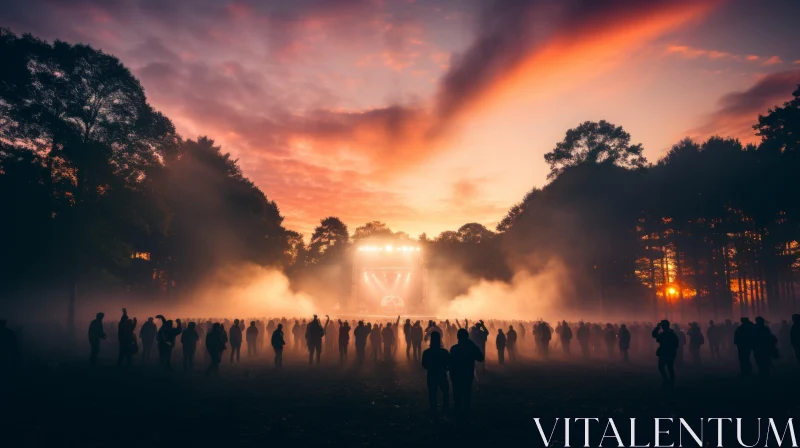 Foggy Festival Crowd at Sunset - Atmospheric Woodland Imagery AI Image