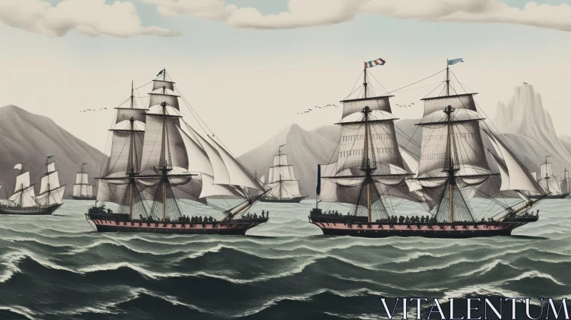 French Flag Sailing Ships at Sea Painting AI Image