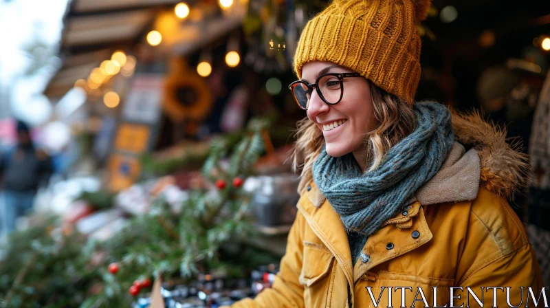 Joyful Young Woman at a Christmas Market AI Image