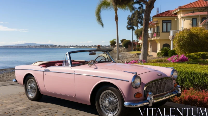 AI ART Pink Vintage Car Ocean View