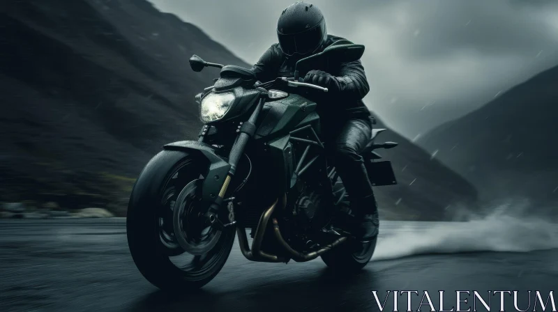 Powerful Motorcyclist Riding through Mountain Road AI Image