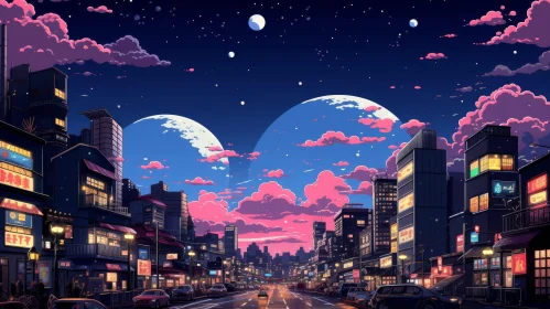 Surreal Imaginary Cityscape with Moons and Lively Streets