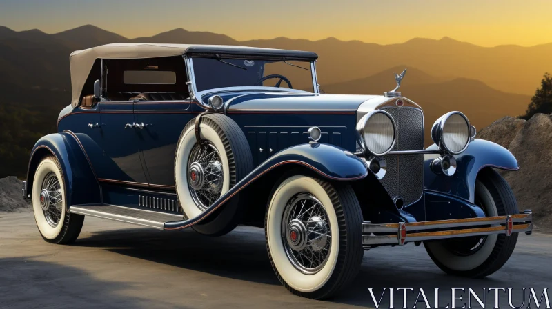 AI ART Vintage Blue Packard Eight Convertible on Mountain Road at Sunset