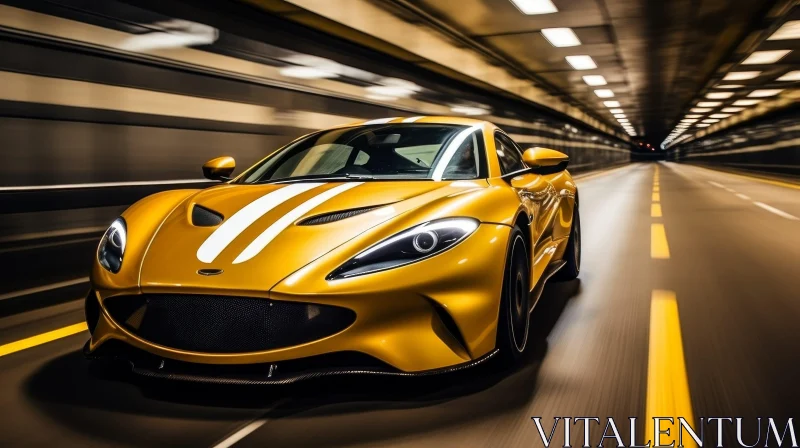 AI ART Yellow Sports Car Racing Through Dark Tunnel