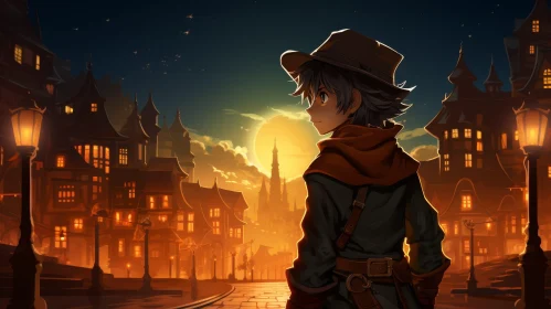 Anime-style Illustration of Young Boy in European Town