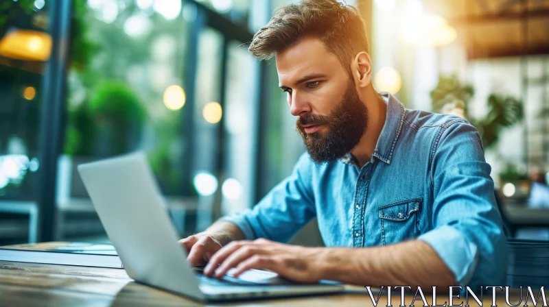Bearded Man in Casual Clothes Using Laptop in Cafe AI Image