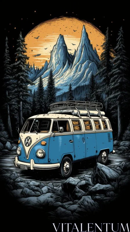 Blue & White Volkswagen Type 2 Bus in Forest Moonlight AI Image