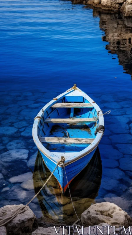 AI ART Blue Wooden Boat on Rocky Shore in Calm Blue Water