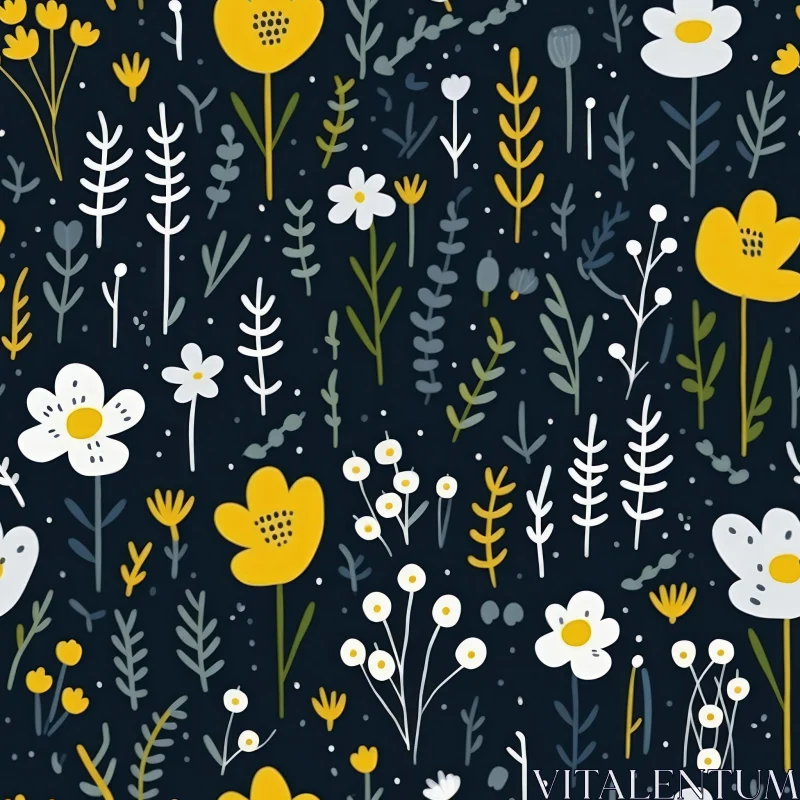Charming Hand-Drawn Floral Pattern on Dark Blue Background AI Image