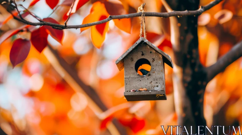 Close-Up Birdhouse Hanging from Tree Branch | Vibrant Fall Colors AI Image