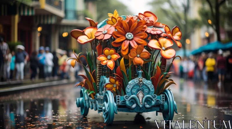 Colorful Flower-Decorated Carriage on Rainy Street AI Image
