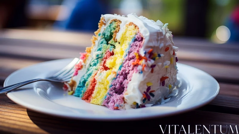 Delicious Rainbow Cake Slice on Plate AI Image