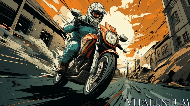 AI ART Determined Man on Orange Motorcycle in Post-Apocalyptic City