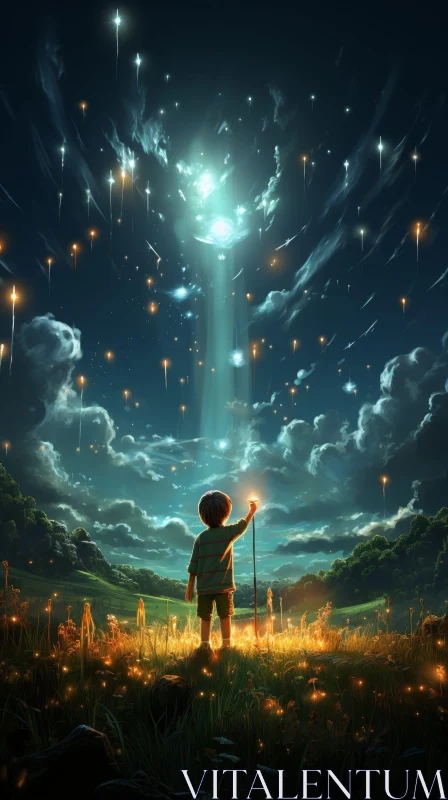 Enchanting Night Sky with Boy Holding Glowing Light AI Image