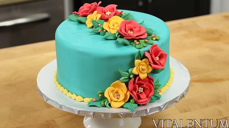 Exquisite Blue Fondant Cake with Vibrant Sugar Flowers AI Image
