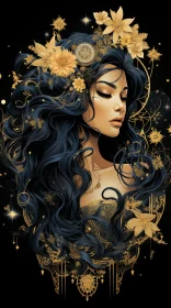 Golden Woman Portrait with Celestial Background