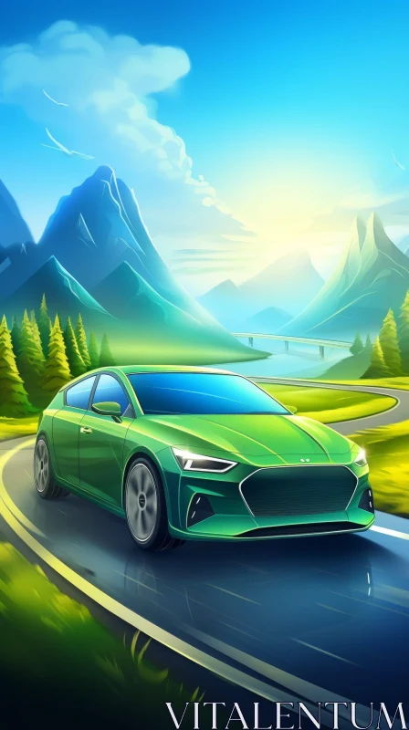 Green Car Driving Through Mountainous Landscape AI Image