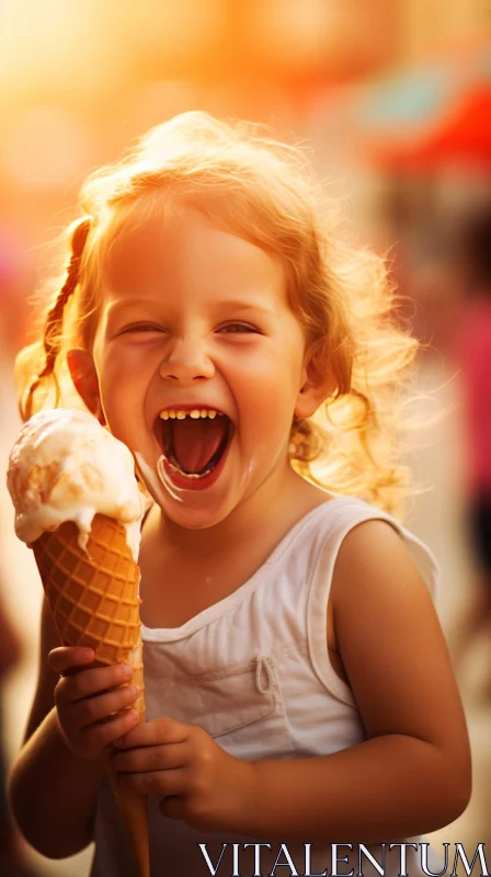 Joyful Young Girl Eating Ice Cream - Beautiful Moment Captured AI Image