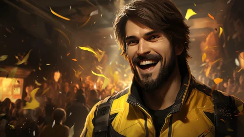 Joyful Young Man in Yellow Jacket Amidst Confetti