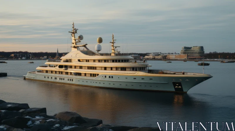 Luxurious Yacht in Marina - Serene Waterfront Scene AI Image