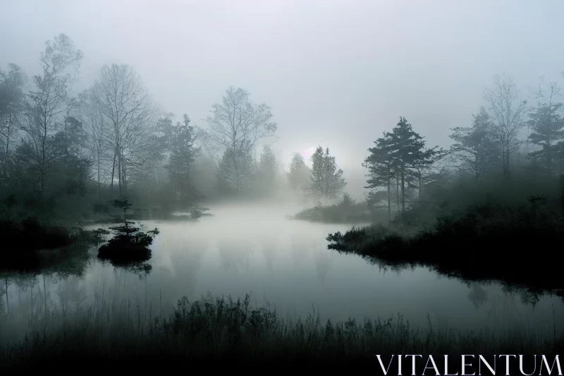 AI ART Majestic Foggy Lake with Trees: Norwegian Nature Photography