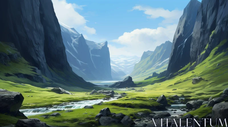 AI ART Majestic Mountain Valley Landscape Painting