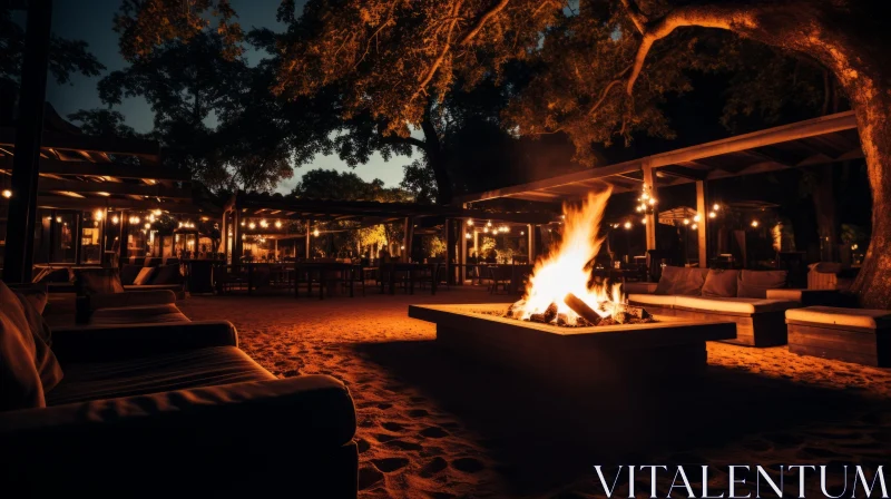 Monochromatic Outdoor Fire Pit - Nighttime Lodge View AI Image