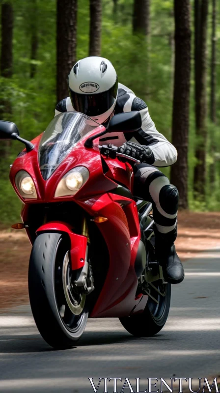 Motorcyclist Riding Red Sport Bike Through Forest AI Image