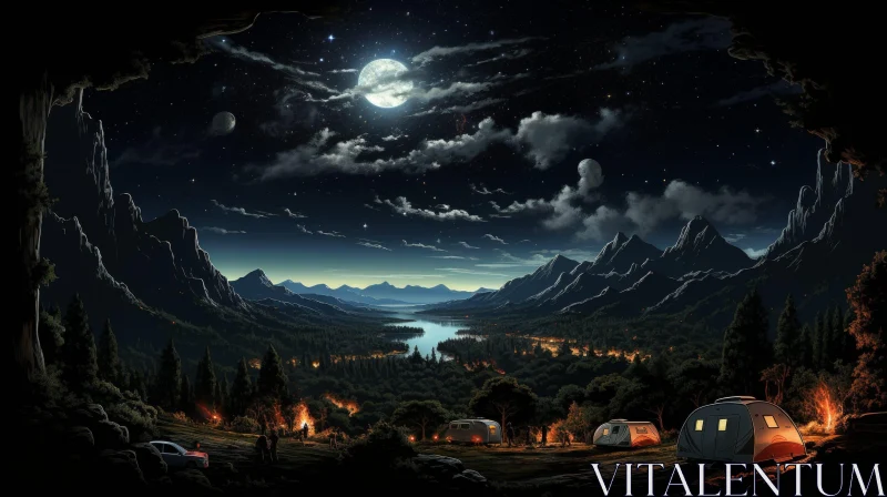 Nighttime Mountain Valley Landscape with Campfires AI Image