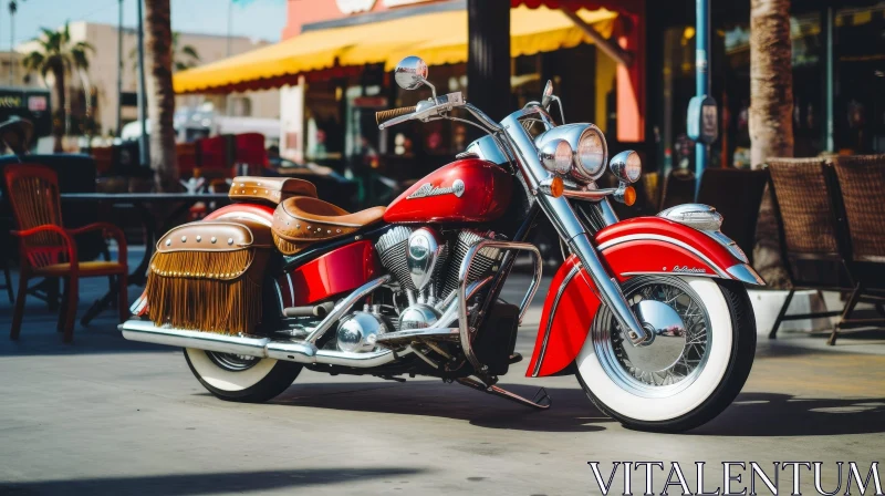 AI ART Red Indian Motorcycle Parked Near Restaurant Outdoor Seating