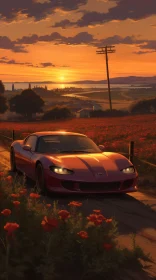 Red Sports Car in Field of Red Flowers at Sunset